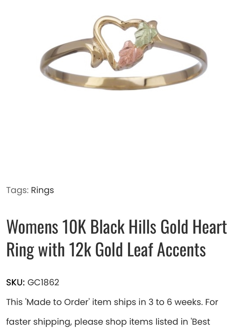 10K Black Hills Gold Heart Ring with Tri-Color Leaf Accents